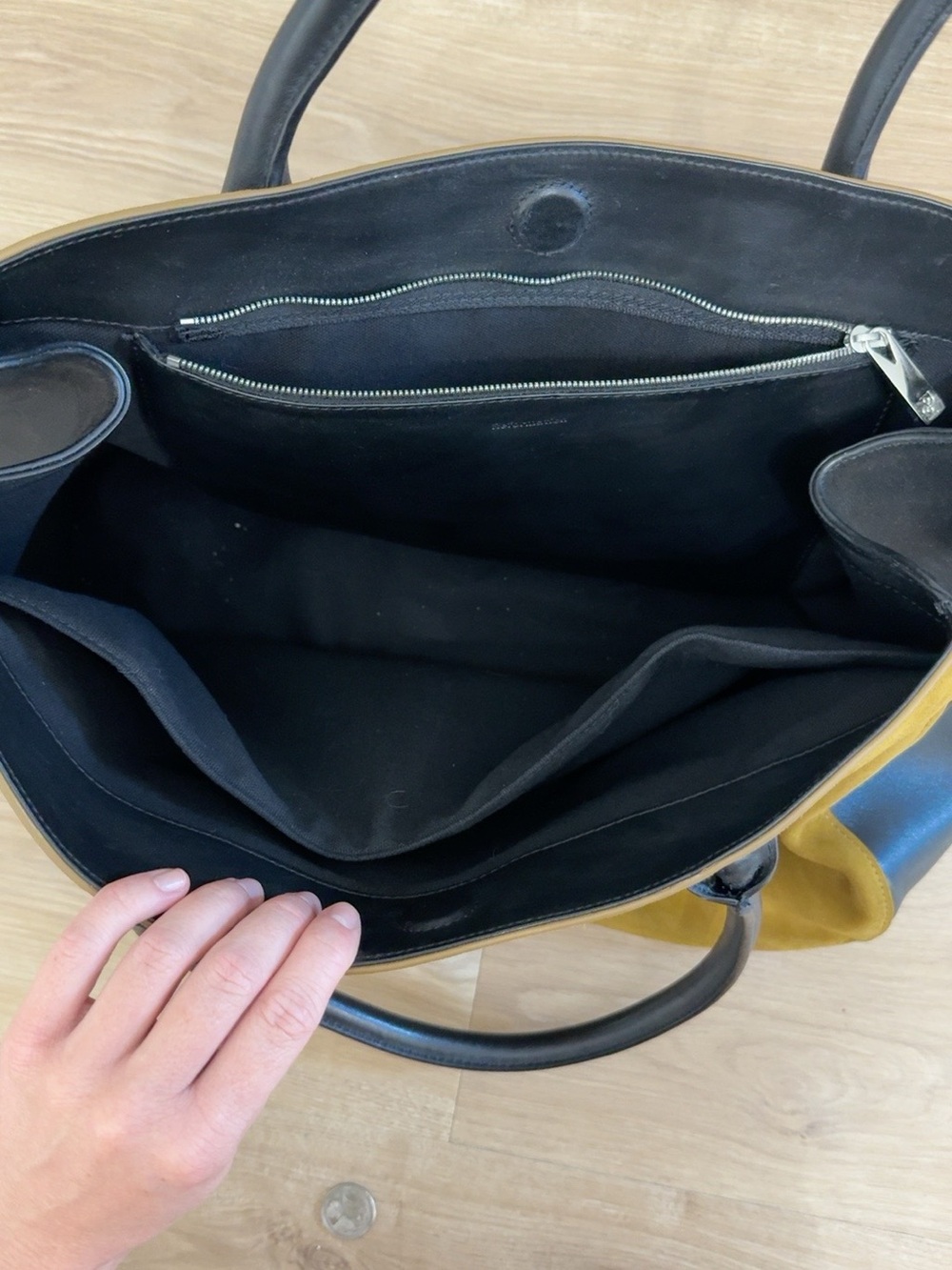 Reformation Two-Tone Suede Tote in Mustard and Black - Picture 3 of 4
